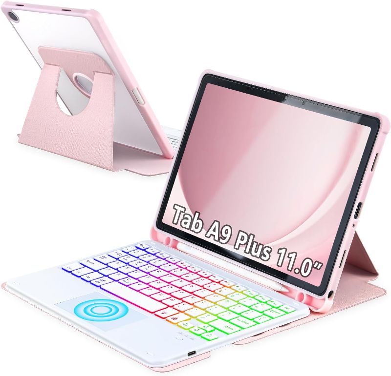 Photo 1 of Touchpad Keyboard Case for Samsung Galaxy Tab A9 Plus 11 inch SM-X210/X215/X216, 360 Degree Rotating Cover with Color Backlight Magnetic Removable Keyboard for Tablet A9+ (Pink+White)
