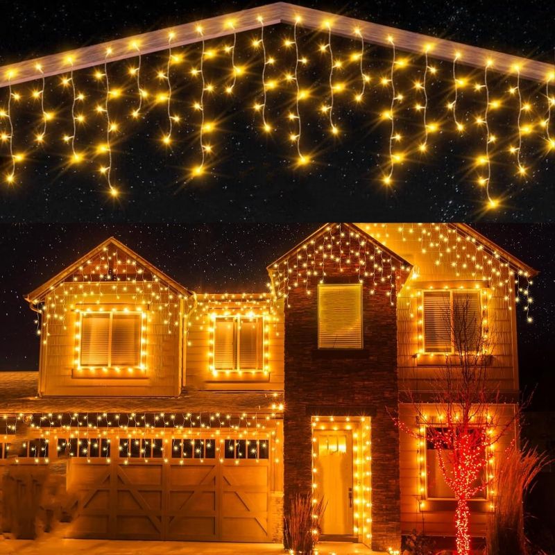 Photo 1 of LED Icicle Lights Outdoor 32.8FT, Warm White 400 LED Icicle Waterproof Christmas Decorations String Lights with Timer Remote, 8 Modes Connectable Eave Curtain Fairy Light for Xmas, Thanksgiving, Party
