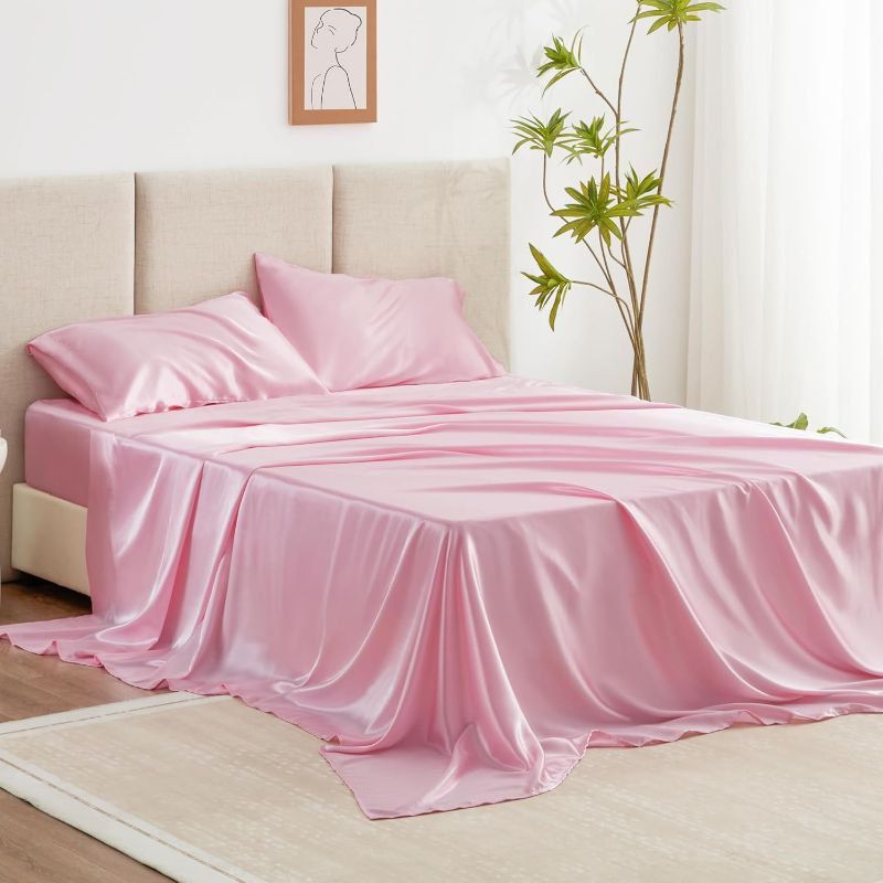 Photo 1 of Love's cabin Full Size Satin Sheet Sets - 4 Piece Pink Silky Sheet Set Full with Deep Pocket, Luxury Silk Feel Bed Sheets Full Bedding Set (1 Flat Sheet,1 Fitted Sheet,2 Pillow Cases)
