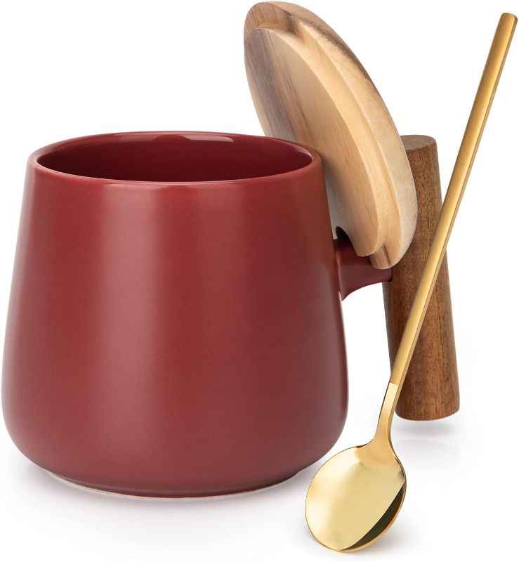 Photo 1 of 14 Oz Ceramic Coffee Mug with Lid and Coffee Spoon for Latte,Cappuccino Mug, Cocoa Mug, Tea Mug, Birthday Gifts for Women, 1 Pack (Matte Red)
