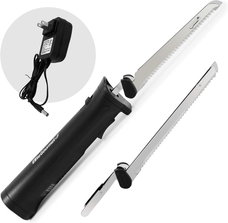 Photo 1 of Elite Gourmet EK9810 Professional Cordless Rechargeable Easy-Slice Electric Knife with 4 Serrated Blades and Safety Lock Trigger Release, Carving Meats, Poultry, Bread, Black
