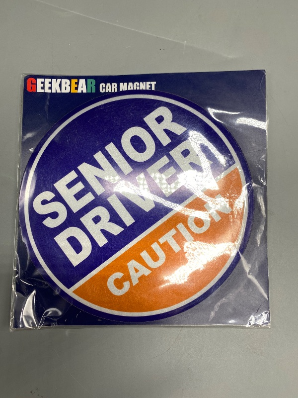 Photo 1 of GEEKBEAR Senior Driver Car Magnet - Colorful, Reflective, Weather-Resistant - Circular 4.7 x 4.7 in (Blue/Orange, 3 Pack)