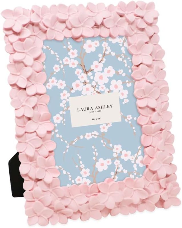 Photo 1 of Laura Ashley 4x6 Pink Flower Textured Hand-Crafted Resin Picture Frame with Easel & Hook for Tabletop & Wall Display, Decorative Floral Design Home Décor, Photo Gallery, Art, More (4x6, Pink)
