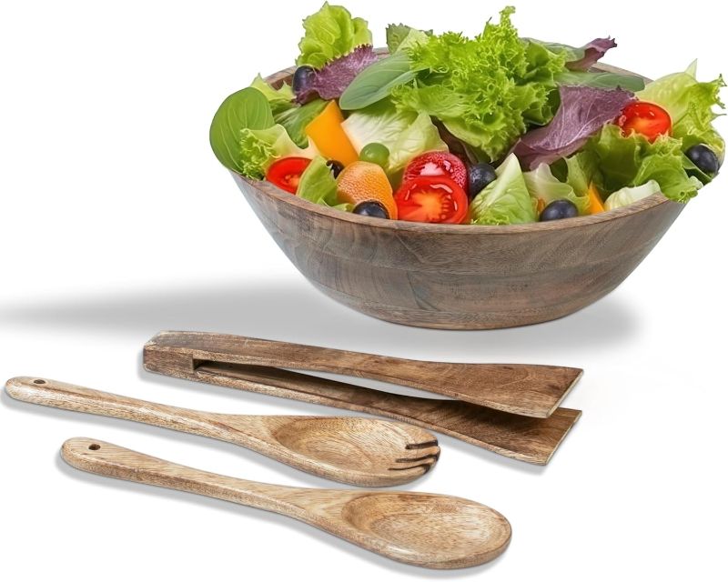Photo 1 of Crocon Wooden Salad Bowls Set, Round Serving Bowl for Fruits or Salads, Cereal, Corn Flake, Pasta Large Wood Serving Bowl, 10" Big Salad Bowl With Serving Utensils
