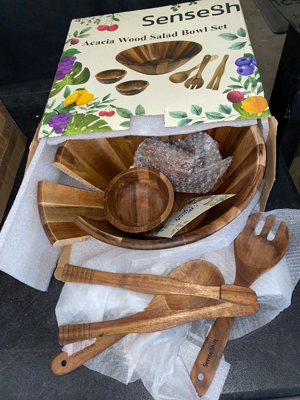 Photo 1 of Crocon Wooden Salad Bowls Set, Round Serving Bowl for Fruits or Salads, Cereal, Corn Flake, Pasta Large Wood Serving Bowl, 10" Big Salad Bowl With Serving Utensils
