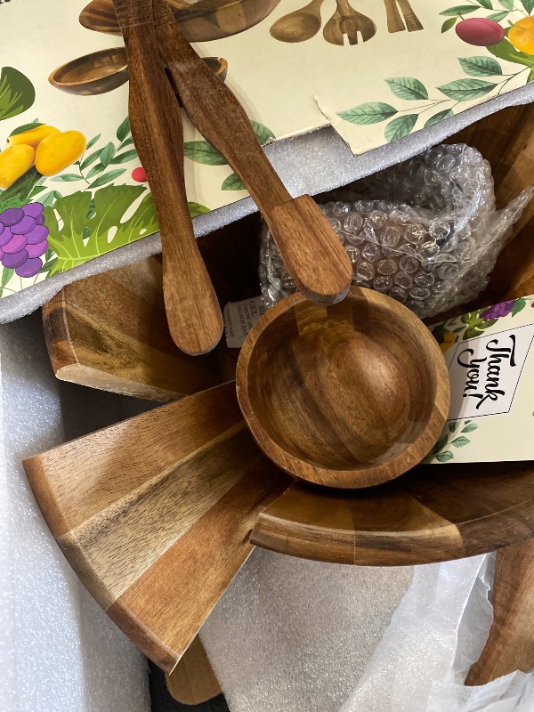 Photo 1 of Crocon Wooden Salad Bowls Set, Round Serving Bowl for Fruits or Salads, Cereal, Corn Flake, Pasta Large Wood Serving Bowl, 10" Big Salad Bowl With Serving Utensils
