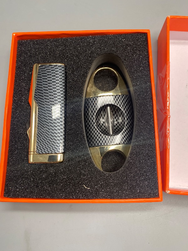 Photo 1 of Torch Cigar Lighter and Cigar V Cutter Set, Built-in Cigar Punch, Cigar Holder, Quad Jet Flame Windproof Butane Lighter, Multi-Functional Cigar Accessories, Cigar Lighter Set with Gift Box for Men
