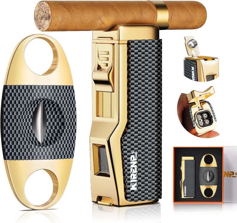 Photo 1 of Torch Cigar Lighter and Cigar V Cutter Set, Built-in Cigar Punch, Cigar Holder, Quad Jet Flame Windproof Butane Lighter, Multi-Functional Cigar Accessories, Cigar Lighter Set with Gift Box for Men
