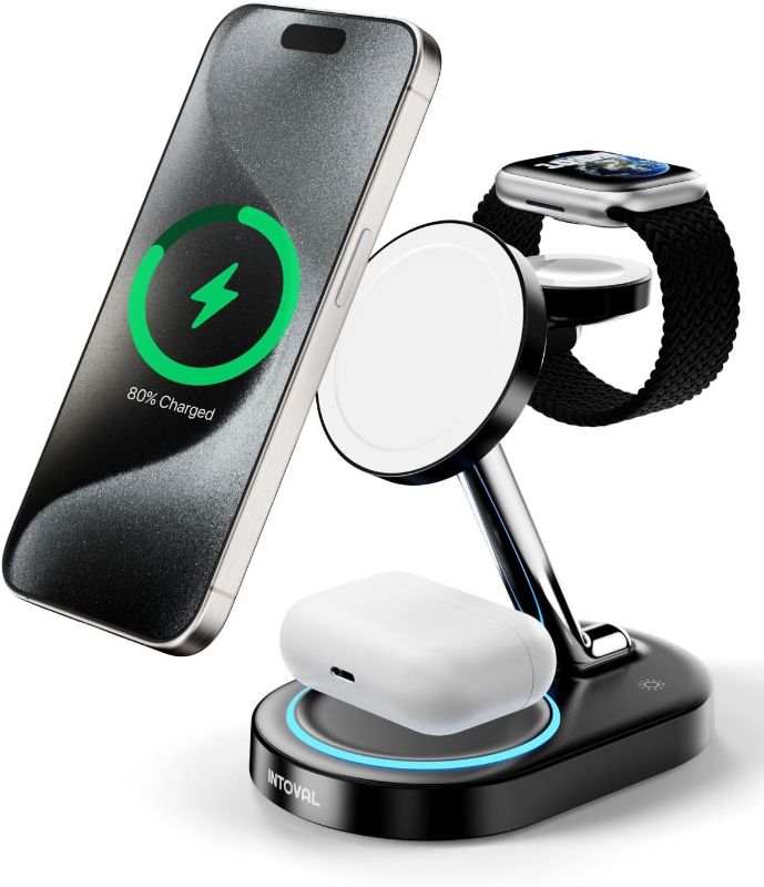 Photo 1 of WHITE**Intoval Fast Charging Station for Magsafe Apple Devices, Wireless Charger for MagSafe iPhones, 3 in 1 Magnetic Charger Stand for iPhone 15/14/13/12, Apple Watch & AirPods