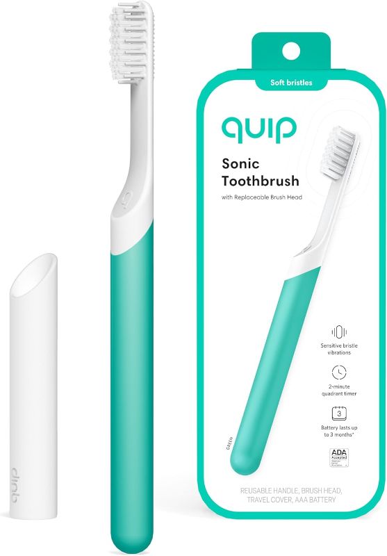 Photo 1 of Quip Sonic Toothbrush for Adults - Timed Electric Toothbrush with Cover - Replaceable Brush Head, Soft Bristles, Plastic Handle, 3 Month Battery Life - Travel Toothbrush - Green
