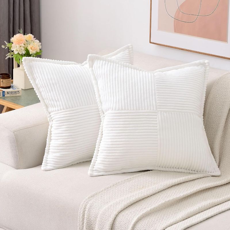 Photo 1 of HAUSSY Pure White Throw Pillow Covers 18x18 Inch Set of 2,Soft Solid Corduroy Striped/Wide Bordered,Square Decorative Cushion Case,Spring Home Decorations for Couch,Bed
