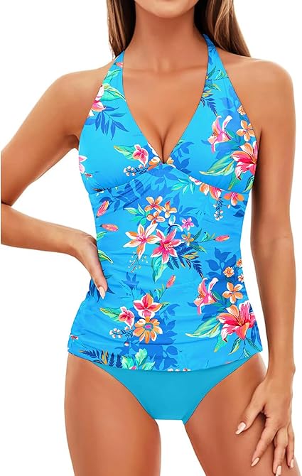 Photo 1 of MEDIUM- Holipick Two Piece Tankini Bathing Suits for Women Tummy Control Swimsuits Sexy V Neck Halter Tankini Top with Bikini Bottom