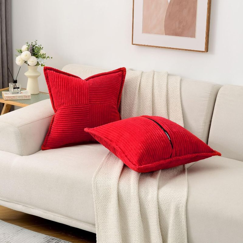 Photo 1 of RED- HAUSSY Pure White Throw Pillow Covers 18x18 Inch Set of 2,Soft Solid Corduroy Striped/Wide Bordered,Square Decorative Cushion Case,Spring Home Decorations for Couch,Bed
