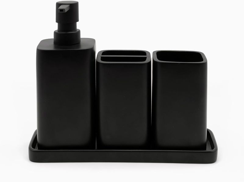 Photo 1 of ZCCZ Matte Black Bathroom Accessory Sets, 4 Pieces Bathroom Accessories Complete Set Vanity Countertop Accessory Set, Includes Lotion Dispenser Soap Pump, Tumbler, Toothbrush Holder and Tray
