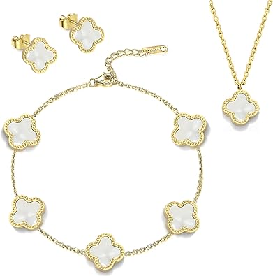 Photo 1 of Clover Necklace Pendant Earring Bracelet Set | Clover Necklaces for Women with Pendant Earring Bracelet make a Jewelry Set | White

