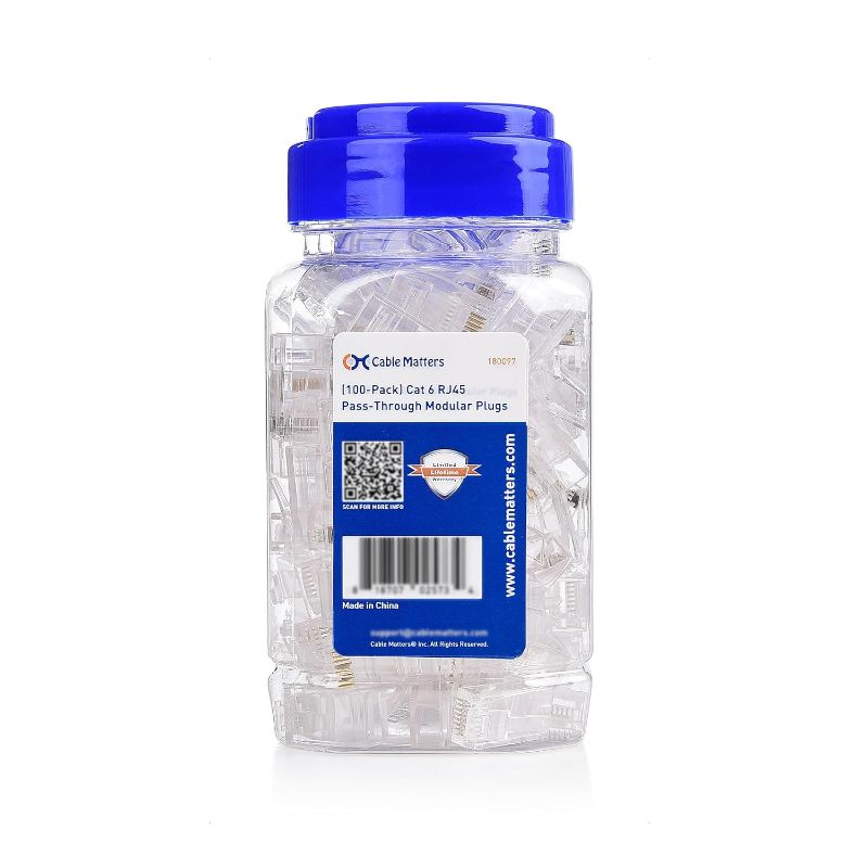 Photo 1 of Cable Matters 100-Pack Cat 6 Pass Through RJ45 Connectors (Cat 6 Ends / Cat6 Connector / RJ45 Modular Plugs/Ethernet Plugs/Network Connector) for Solid or Stranded UTP Ethernet Cable
