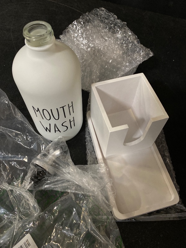 Photo 1 of Glass Mouthwash Dispenser for Bathroom, 16 OZ Mouthwash Dispenser with Pour Spout and Wood Cup Holder and Tray, Mouth Wash Bottle Container, Farmhouse Kitchen Bathroom Decor and Accessories, White
