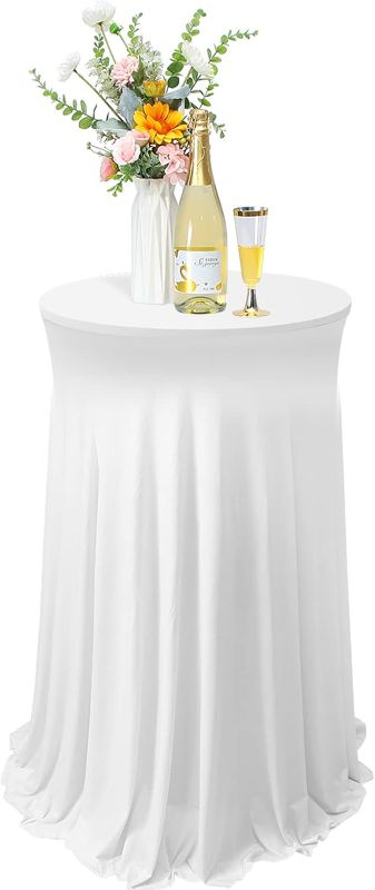 Photo 1 of Tegeme 1 Pack 32 x 43 Inch Round Spandex Cocktail Tablecloths with Skirt Cocktail Round Table Cover Spandex Stretch Tablecloth for Fitted High Top Table Bar Wedding Party Banquet (White)
