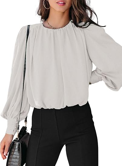 Photo 1 of MEDIUM- Dokotoo Women's Tops Blouses for Women Casual Long Sleeve Shirts Crew Neck Bohemian Solid Color Spring Work Business