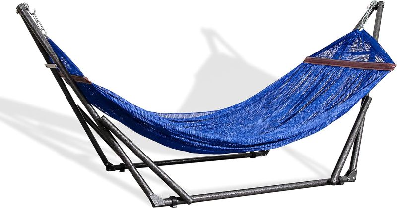 Photo 1 of Best Home Fashion Hammock with Collapsible Steel Stand & Carrying Case, Portable & Adjustable, Perfect for Camping Beach Summer Patio, EZ Daze Foldable Hammock with Stand - Navy