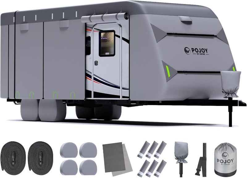 Photo 1 of Waterproof Windproof RV Travel Trailer Cover, Anti-Rip Anti-UV 600D Oxford Fabric Camper Cover - with Tongue Jack Cover, Tire Covers, Gutter Covers, for 26'1"-28'6"
