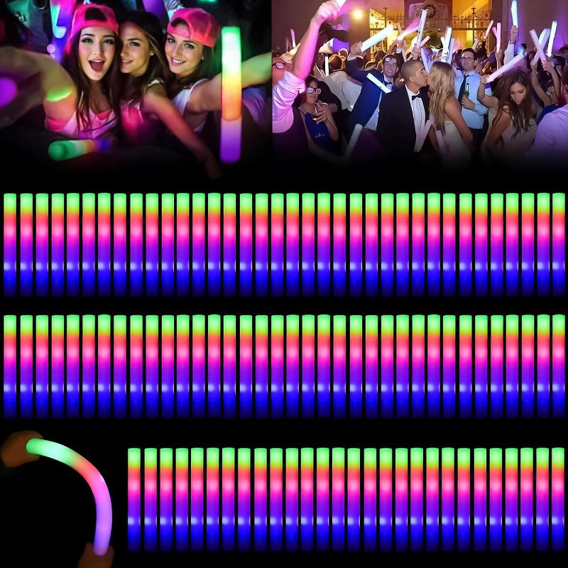 Photo 1 of 100PCS Foam Glow Sticks, LED Light Up Foam Sticks with 3 Modes Flashing Changing, Bulk Glow Sticks, Glow in the Dark Party Supplies for Parties, Wedding, Birthday, Raves, Concert, New Year
