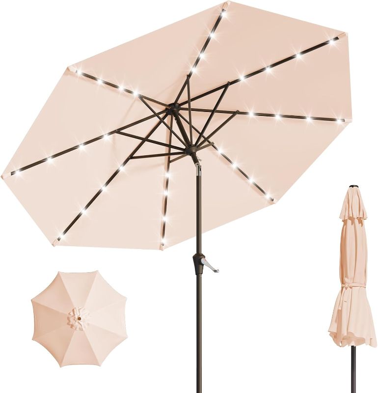 Photo 1 of 9FT Solar Umbrella 32 LED Lighted Patio Umbrella Table Market Umbrella w/Tilt and Crank Outdoor Umbrellas for Garden, Deck, Backyard, Pool and Beach, Beige
