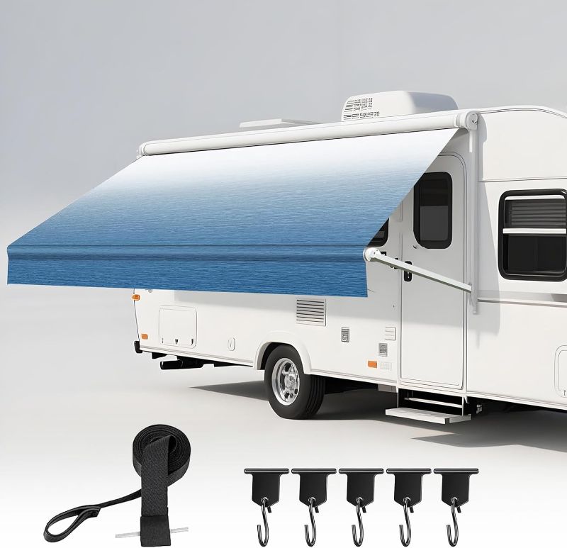 Photo 1 of 16' RV Awning Fabric Replacement, 19oz Heavy Duty Weatherproof Vinyl RV Awning Fabric with 5 Hooks, Universal Outdoor Canopy for Camper, Trailer and Motorhome, Blue Gradient
