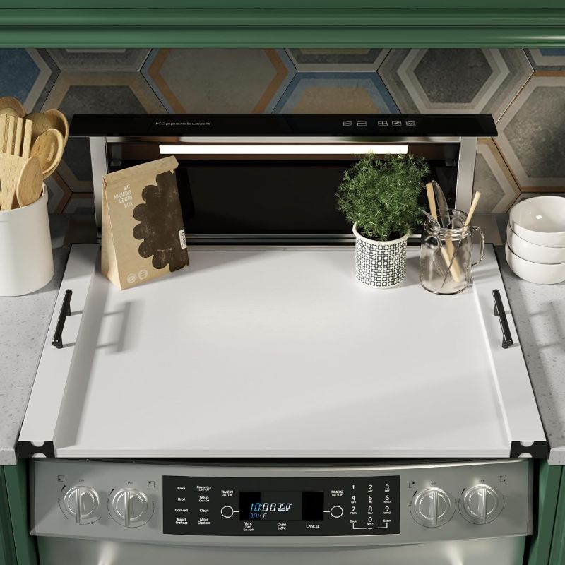 Photo 1 of Noodle Board Stove Cover for Gas Stovetop, Bamboo Stove Top Covers for Electric Stove and Gas Burners with Handles Kitchen Sink Cover for Counter Space Decorative Serving Tray White (29.53"x22.05")
