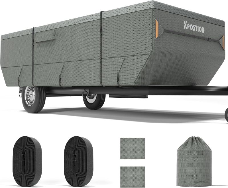 Photo 1 of 10-12 Pop Up Trailer Cover,100% Waterproof Folding Trailer Cover 900D Throughout Pop up Camper RV Cover with 7 PCS Reinforced Windproof Straps