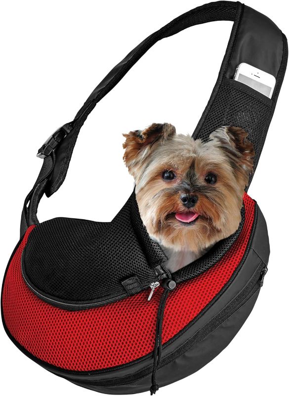 Photo 1 of Expandable Pet Carrier Sling Bag - Small Dog, Puppy and Cat Carrier Front Shoulder Backpack w/Harness Strap - Carrying Pouch for ESA, Animal Travel - PU Leather Bottom, Mesh Pocket by Katziela (Red)
