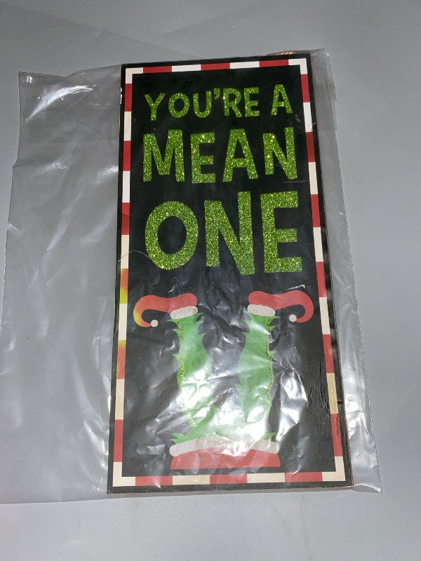 Photo 1 of You're A Mean One, 12" Wood Christmas Elf Wall Door Hanger Sign For Wreath Accents, Crafts, and Monster Decorations (Red, Lime Green, Black, White)
