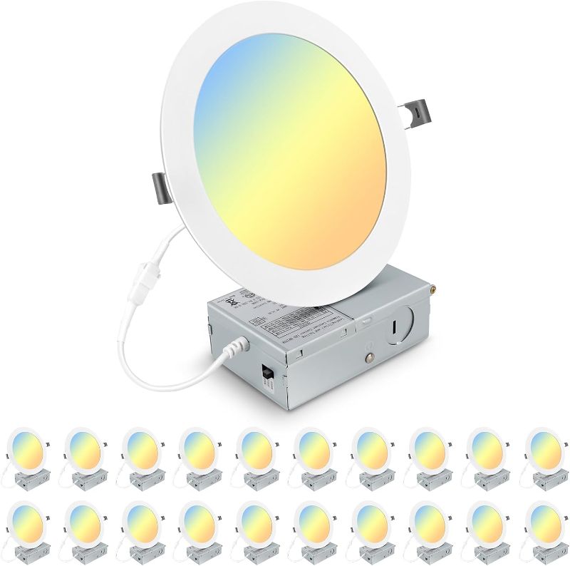 Photo 1 of 20 Pack 7 Inch 3CCT Ultra-Thin LED Recessed Light with Junction Box, 3000K/4500K/6000K Selectable, 18W Eqv 125W, Dimmable Canless Downlight, 1600LM High Brightness
