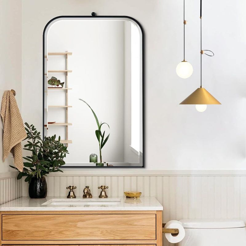 Photo 1 of POZINO Black Arch Mirror, 22"x35" Arched Beveled Mirror, Premium Stainless Steel Frame Mirrors, Modern Vanity Wall Mirrors for Bathroom Bedroom Living Room Entryway, Wall Mount Hangs Vertical
