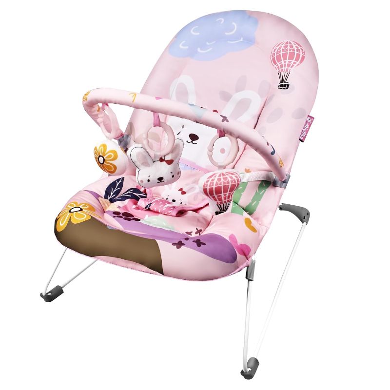 Photo 1 of Q-MIULIKE Baby Bouncer Seat Infant Seat Non-Slip Feet 3-Point Harness for Newborn 0-9 Months Up to 20lbs Pink Rabbit