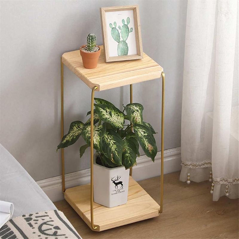 Photo 1 of Plant Stand 2 tier Ways Iron Stand Metal Plant Shelves Flower Pot Storage Rack Wooden Holder Outdoor Indoor Garden Decoration Flower Stand ( Color : Burlywood )
