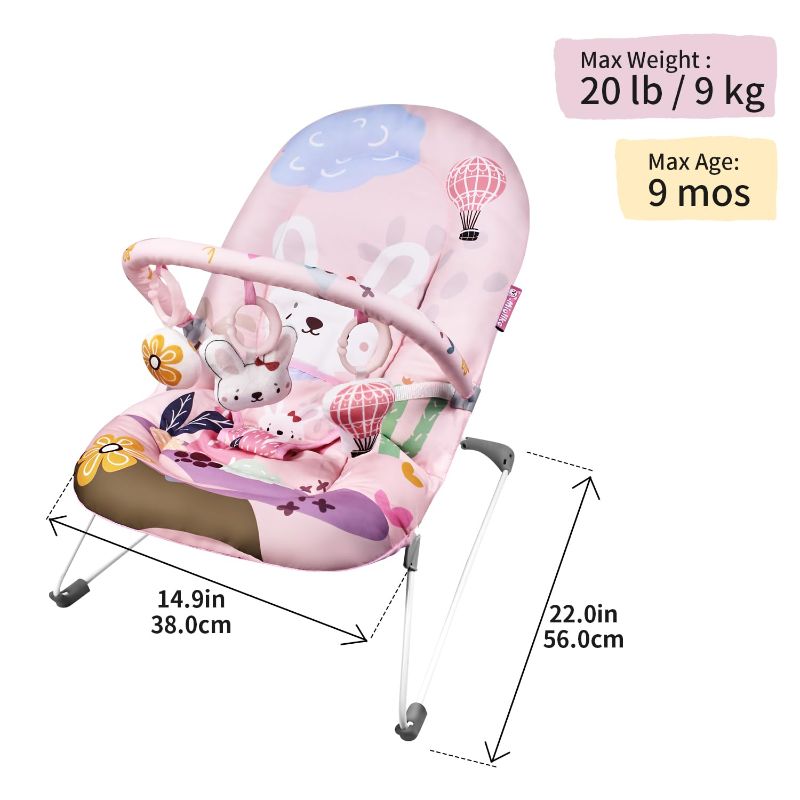 Photo 1 of Q-MIULIKE Baby Bouncer Seat Infant Seat Non-Slip Feet 3-Point Harness for Newborn 0-9 Months Up to 20lbs?Pink Rabbit?