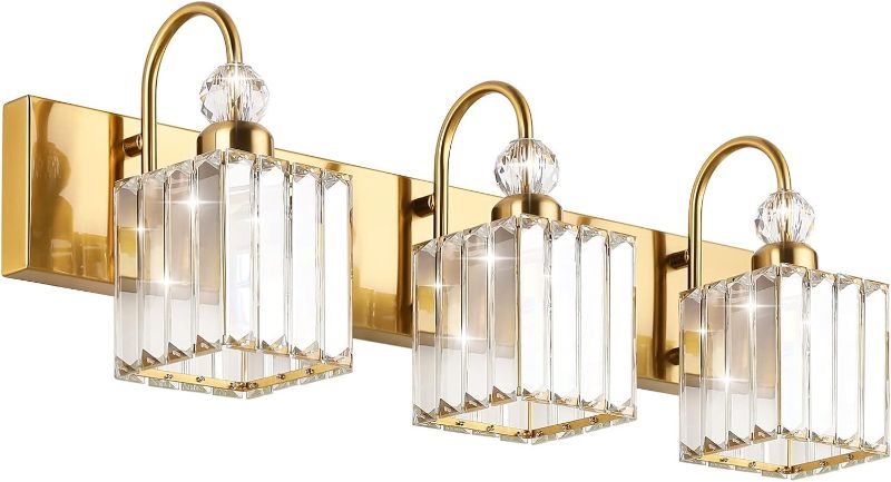 Photo 1 of Ralbay Modern Gold Crystal Vanity Lights for Bathroom 3-Lights Crystal Vanity Lights Over Mirror Modern Crystal Gold Bathroom Wall Lighting Fixtures
