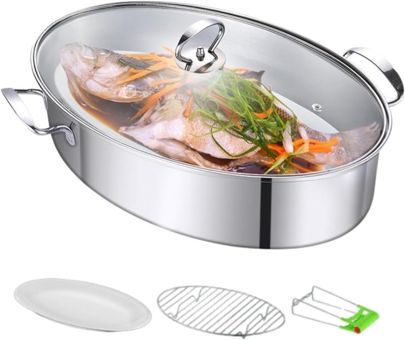 Photo 1 of Stainless Steel Fish Steamer, Fish Steamer for Cooking Multi-Use Oval Pasta Pot/Braiser with Rack, Ceramic Pan, Chuck, Stockpot for Steaming Fish, Boiling Soup