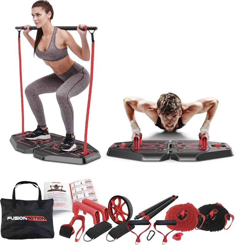 Photo 1 of Portable Gym with 8 Accessories Including Heavy Resistance Bands, Tricep Bar, Ab Roller Wheel, Pulleys and More - Full Body Workout Home Exercise Equipment to Build Muscle and Burn Fat
