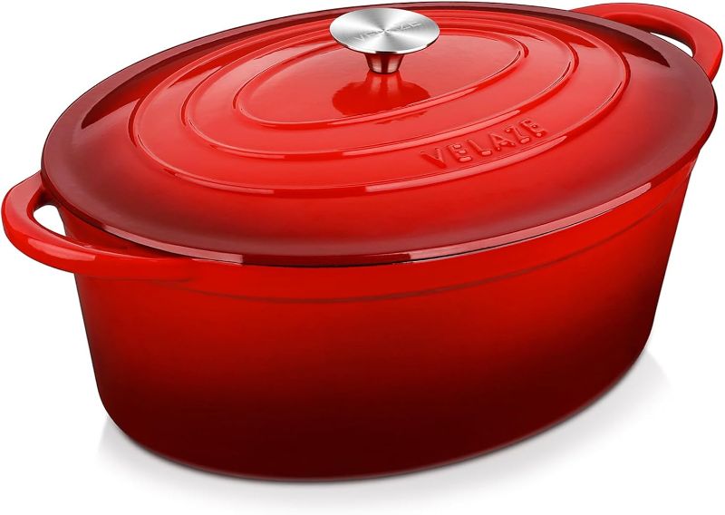 Photo 1 of Velaze 7.5 QT Enameled Oval Dutch Oven Pot with Lid, Cast Iron Dutch Oven with Dual Handles for Bread Baking, Cooking, Frying, Non-stick Enamel Coated Cookware (RED)
