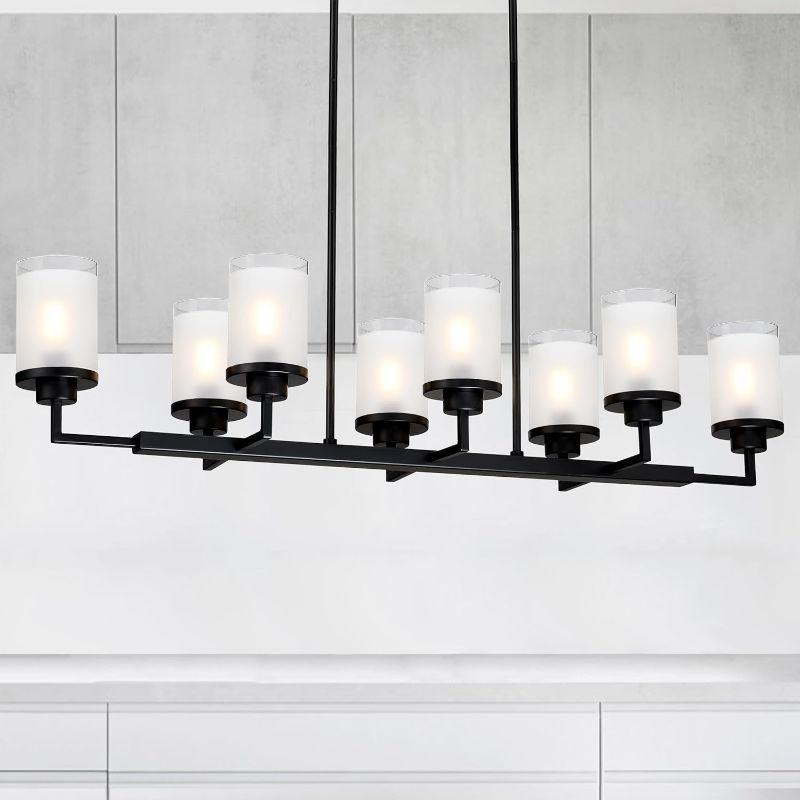 Photo 1 of 8 Light Linear Kitchen Island Lighting,Clear Frosted Glass Modern Industrial Chandelier,Black Finish Rectangular Pendant Light Fixtures for Farmhouse Kitchen Dining Room Bar Foyer
