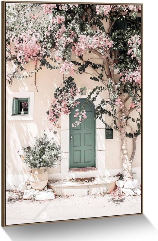 Photo 1 of BRAND NEW** Framed Cityscape Scenery Wall Art: Nature Serene Blossom Flowers Painting Greece Town Landscape Prints Elegant Green Door Building Picture Blooming Pink Floral Canvas Artwork for Bedroom
