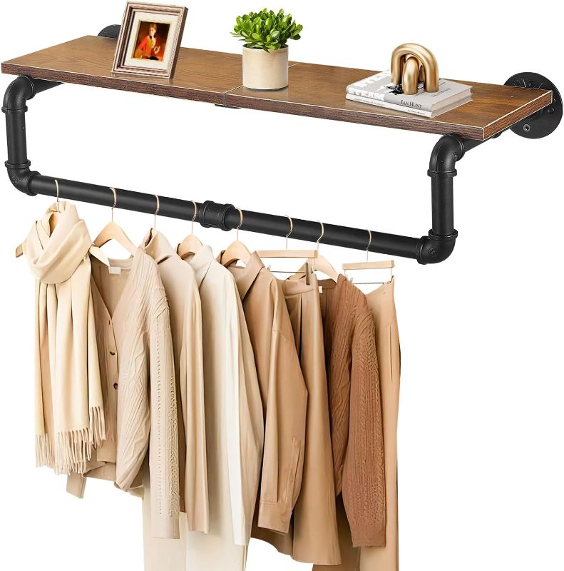 Photo 1 of Industrial  Clothing Rack with Top Shelf, Closet Poles for Hanging Clothes, Heavy Duty Iron Garment Racks Wall Mounted, 27.6x10.2x5.9 Inch, Black