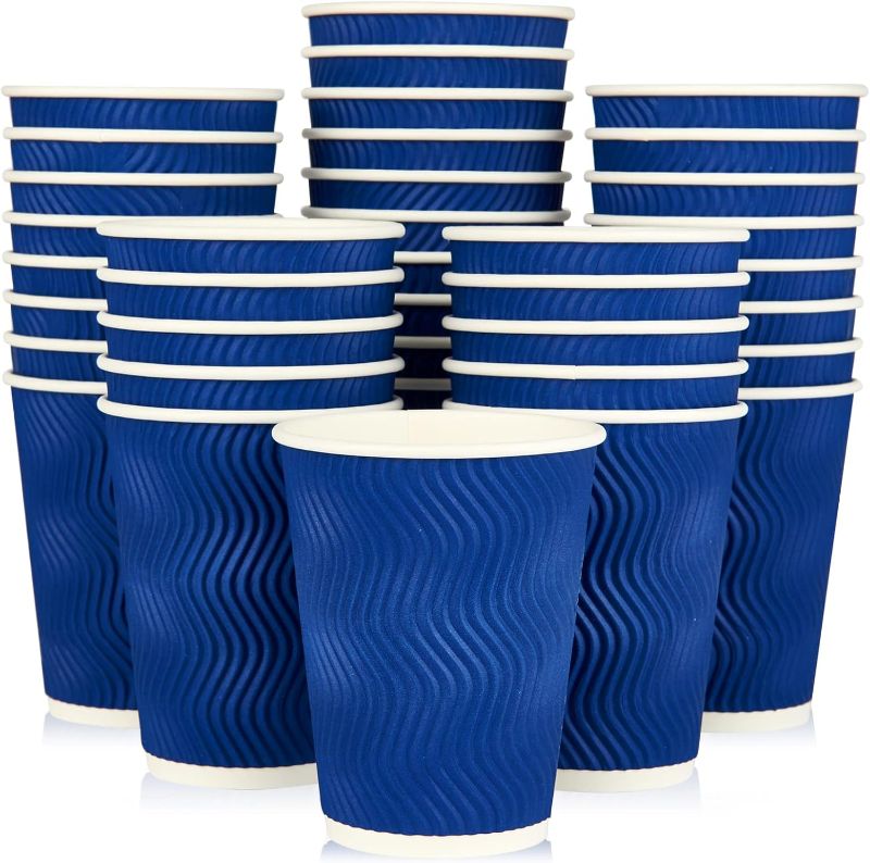 Photo 1 of 90 Pack 12 oz Paper Coffee Cups, Blue Disposable Beverage Cups with Insulated Ripple Wall for Coffee, Tea, and Hot Chocolate