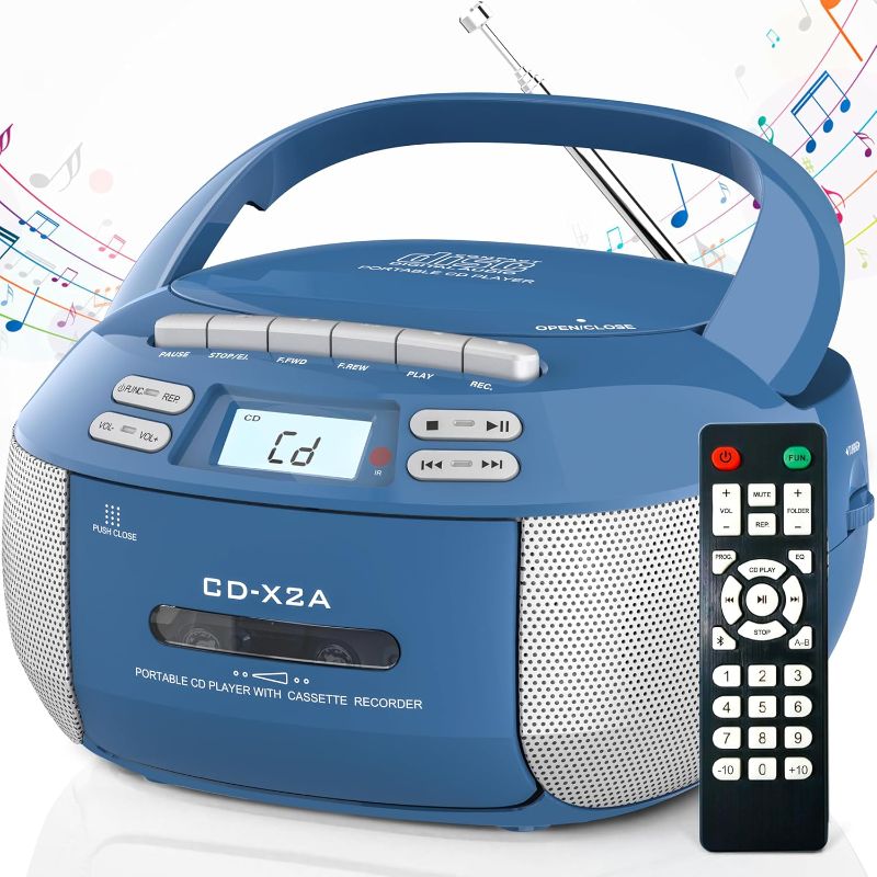 Photo 1 of Greadio Boombox CD Player Cassette Player Combo, Boom Box Portable CD Players for Home with Bluetooth, Support AM FM Radio/Remote Control/AUX/USB/Earphone, AC/Battery Operated, LCD Display (Blue)
