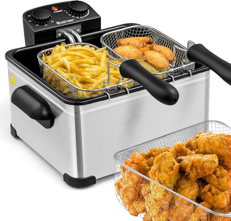 Photo 1 of COSTWAY Deep Fryer with Basket, 5.3Qt Stainless Steel Electric Oil Fryer w/Adjustable Temperature, Timer, Lid with View Window, Professional Style, Deep Fryer Pot for Home Use, French Fries, Chicken
