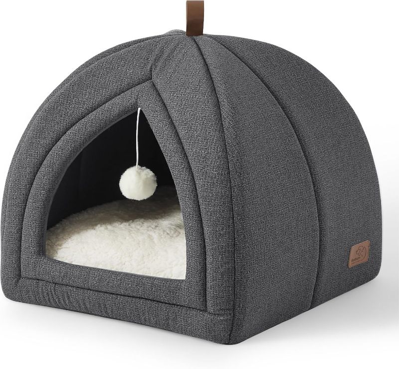 Photo 1 of Bedsure Cat Beds for Indoor - 2 in 1 Cat Cave House Tent for Kittens and Small Pets with Removable Washable Cushioned Pillow, Foldable Kitten Hideaway with Non-Slip Bottom, Dark Grey, 16 inches
