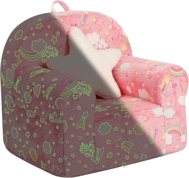 Photo 1 of Rainbow Unicorn Kids Sofa with Star Throw Pillow, High Back Toddler Chair Glow in The Dark for Boys and Girls, Pink