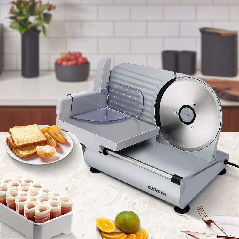 Photo 1 of Meat Slicer, CUSIMAX Electric Deli Food Slicer with Two 7.5'Removable Stainless Steel Blades and Pusher, Cheese Fruit Vegetable Bread Cutter, Adjustable Knob for Thickness, Food Carriage